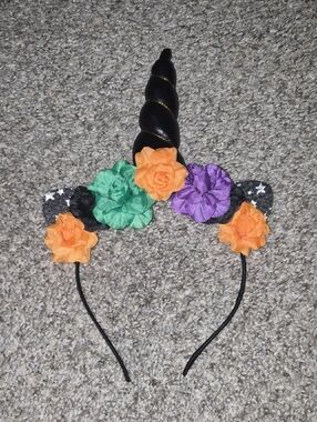 Kids Halloween Unicorn Headband with Orange, Green & Purple Flowers